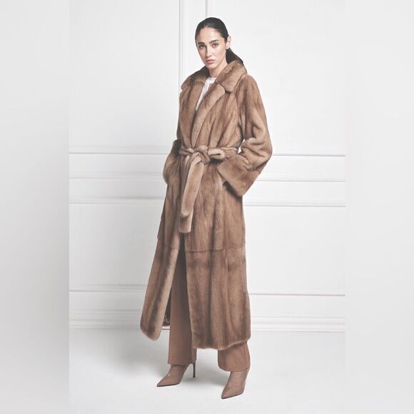 Massini * Pastel Brown Full Length Belted Vertical Mink Mob Wife Coat - Picture 2 of 16